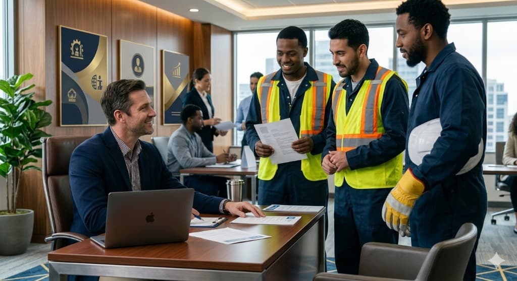 European employer meeting certified skilled workers from Asia in a professional setting
