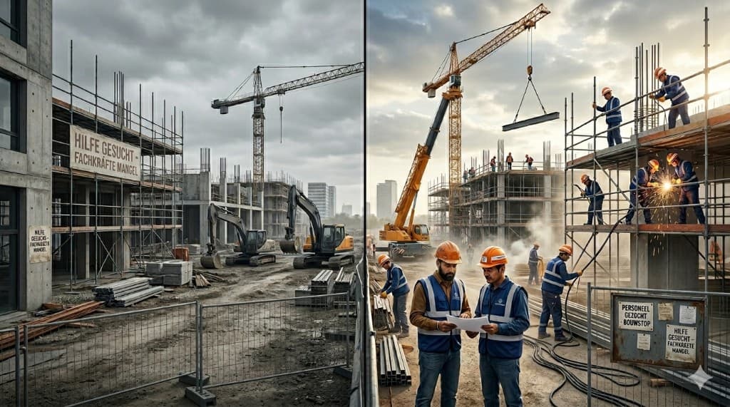 European construction site before and after hiring skilled Asian tradespeople — solving the skilled trades shortage